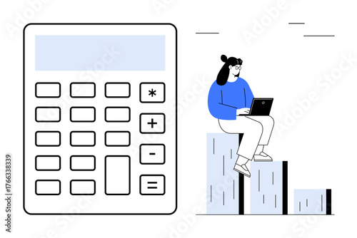Woman sitting on a bar graph with a laptop beside a large calculator, combining technology with calculations. Ideal for finance, budgeting, business strategy, data analysis, planning, education