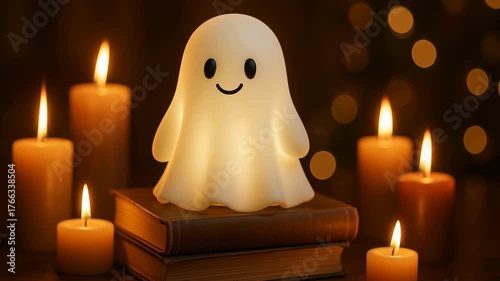 Cheerful ghost character with glowing candles and stacked books creates cozy Halloween decoration, perfect for warm and festive atmosphere