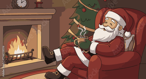 Illustration of a cozy Santa Claus relaxing with a hot drink by the fireplace after a long night