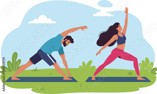 Cartoon couple practicing yoga outdoors in nature, healthy lifestyle and mindfulness activity, colorful vector illustration
