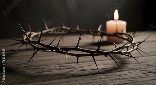 Crown of Thorns and Candle on Wooden Surface.