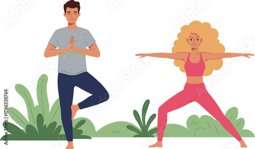 Cartoon couple practicing yoga outdoors in nature, healthy lifestyle and mindfulness activity, colorful vector illustration