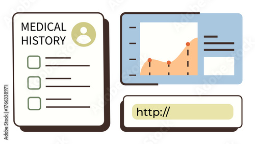 Medical history file, patient profile, analytics chart, and search bar interface. Ideal for healthcare, digital records, telemedicine, patient management, data analysis online tools simple flat