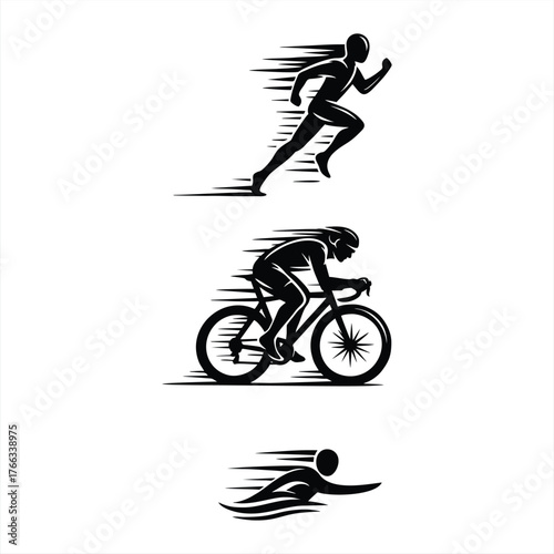 Triathlon Sports Icon Set Running Cycling Swimming Silhouette Speed