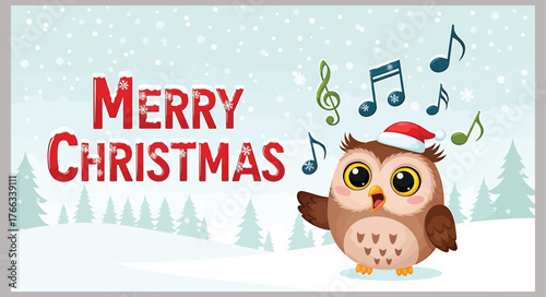 Adorable owl in Santa hat singing merry Christmas music snow forest scene festive holiday vector 