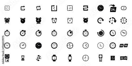 watch clock time stopwatch timer set collection pack bundle black shape icon silhouette vector flat illustration design on white background