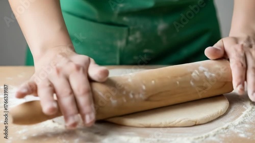Hands rolling out dough with a wooden rolling pin on a table