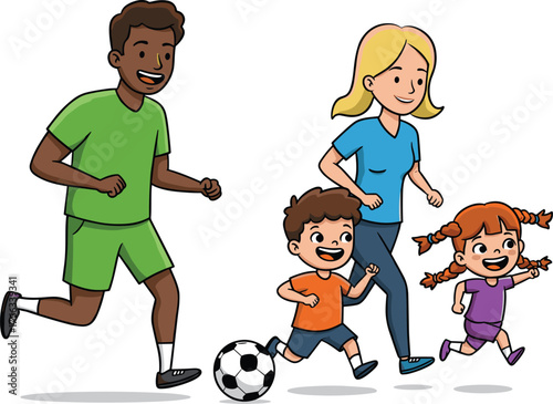 Cartoon family playing soccer outdoors, energetic activity with children and adults, colorful vector illustration