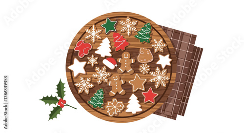 Delightful Christmas gingerbread cookies, festive stars and trees on a wooden platter, perfect for holiday baking promotions or cozy winter scene designs, capturing holiday cheer and sweet memories