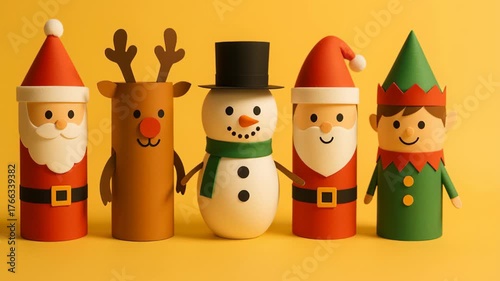 Festive Christmas characters, including snowman, reindeer, and cheerful elves, create joyful holiday scene with colorful objects and festive spirit