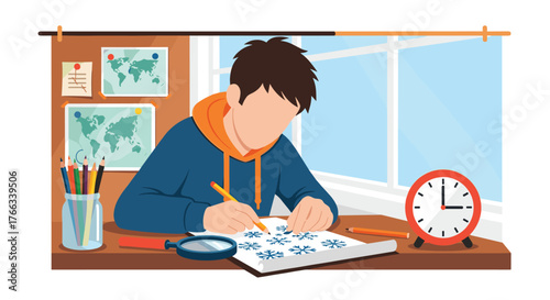 Focused young student crafting snowflakes at desk, inspiration from world maps, deadline looming, time management skills, vector illustration for educational materials and creative projects
