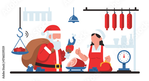 Santa's festive butcher shop visit for Christmas dinner ham and sausages, with friendly service and holiday cheer, illustrated in a modern graphic style perfect for seasonal promotions