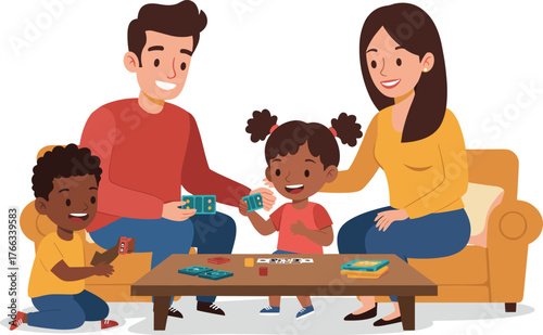Cartoon family playing with educational toys, indoor learning activity with children and adults, colorful vector illustration