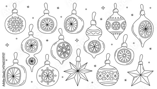 Сollection of different vintage Christmas toys, New Year icons, doodle outline illustrations. Coloring page.