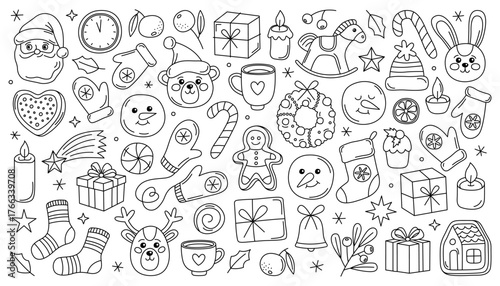 Сollection of Christmas and New Year icons, doodle outline illustrations. Santa, gifts, gingerbread, mittens, toys, candles, festive Christmas elements. Coloring page.