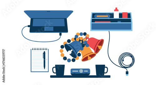 Festive holiday work from home setup with laptop, coffee, and jingle bells brings cheerful vibes to a modern workspace for creative projects and seasonal promotions