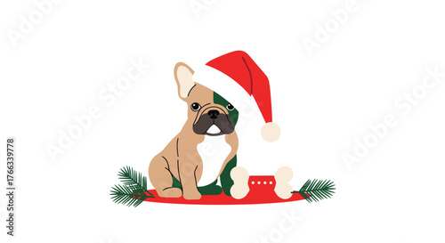 Adorable French bulldog puppy wearing a festive Santa hat for Christmas, adding a touch of holiday cheer to your seasonal designs and bringing joy to everyone who sees it