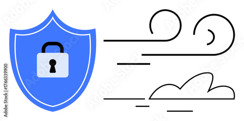 Blue shield with lock icon facing abstract wind and cloud lines, emphasizing cybersecurity, defense, protection, digital privacy, network safety, threat prevention, and reliability. Simple flat