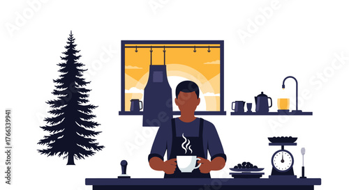 Imagine a cozy, rustic coffee shop with a dedicated barista crafting the perfect cup near a pine tree, creating a warm and inviting atmosphere that captures the essence of artisanal coffee culture