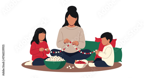 Cozy family time creating festive popcorn cranberry garlands together during the holidays, a warm memory in the making, illustrating the joy of crafting together at home