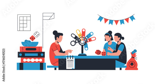 Friends playing fun board games together, enjoying quality time, and celebrating with dice, a spinning wheel, and a score sheet