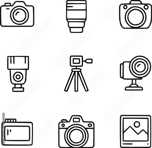 Photography Camera Outline Icon Set Classic DSLR and Photo Equipment SymbolsPhotography Camera Outline Icon Set  Classic DSLR and Photo Equipment Symbols