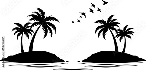 silhouette of a coconut tree, exotic, vacation, landscape, leaf, water, holiday, sky, paradise, silhouette, coconut, ocean, sunset, travel, nature, sun, illustration, vector, sea, tropical, palm