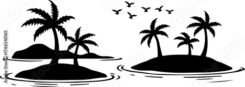 silhouette of a coconut tree, exotic, vacation, landscape, leaf, water, holiday, sky, paradise, silhouette, coconut, ocean, sunset, travel, nature, sun, illustration, vector, sea, tropical, palm