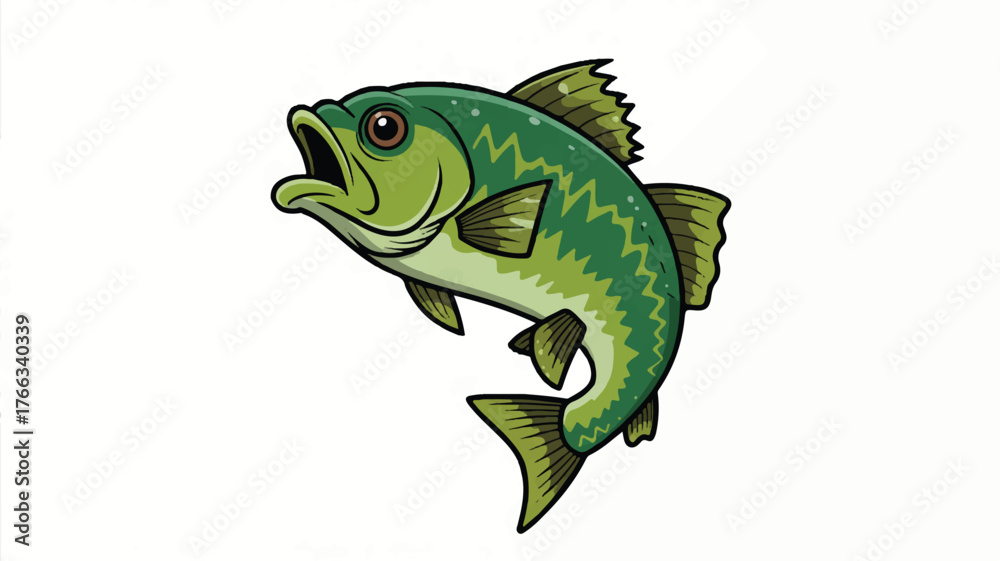 Fototapeta premium A cartoon illustration of a jumping largemouth bass in bright green and yellow colors