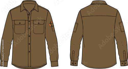 Brown long sleeve button up shirt front and back view, classic collar, chest pockets, fashion flat sketch, apparel design illustration, garment template