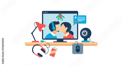 Virtual Christmas Kiss: Romantic online date with mistletoe, headset, and webcam for holiday love, joyful connection, and modern communication in the digital age
