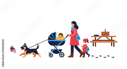 Family enjoying a winter picnic with a dog, creating heartwarming memories and embracing outdoor adventures in a vibrant, colorful illustration