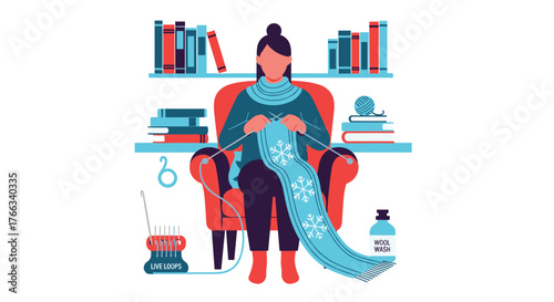 Cozy woman knitting snowflake scarf in comfy chair, relaxing at home with books, enjoying winter craft and warm ambiance