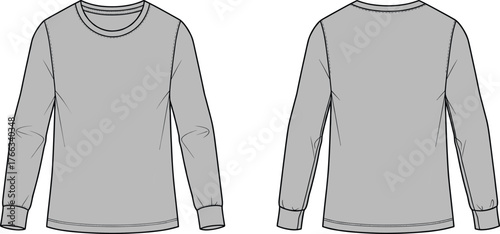 Grey long sleeve t-shirt front and back view, blank apparel mockup, casual wear template for clothing design and branding