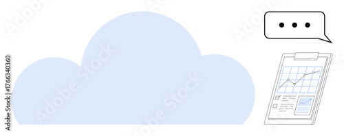 Cloud icon with text bubble and clipboard showing analytics chart. Ideal for technology, cloud computing, communication, data sharing, growth, productivity, visual learning. Simple flat metaphor