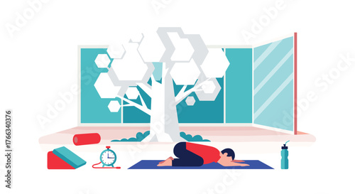 Person practicing yoga in a bright, modern studio with a tree-like art piece, promoting wellness and mindfulness