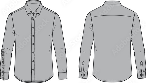 Long sleeve button down shirt front and back view, classic collar, tailored fit, fashion flat sketch, apparel design template, clothing illustration