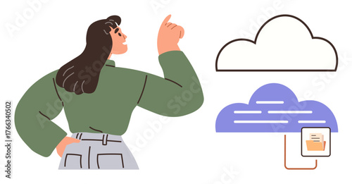 Confident woman pointing at connected cloud with files representing storage, data sharing, and innovation. Ideal for cloud computing, digital transformation, teamwork, technology, knowledge sharing