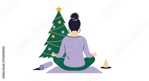 Woman meditating in front of Christmas tree with lit candle, finding peace and relaxation during the holiday season for wellness and mindfulness