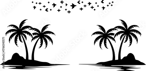 silhouette of a coconut tree, exotic, vacation, landscape, leaf, water, holiday, sky, paradise, silhouette, coconut, ocean, sunset, travel, nature, sun, illustration, vector, sea, tropical, palm