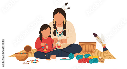 Native American mother and daughter crafting colorful beaded necklaces together, celebrating cultural heritage and family bonding