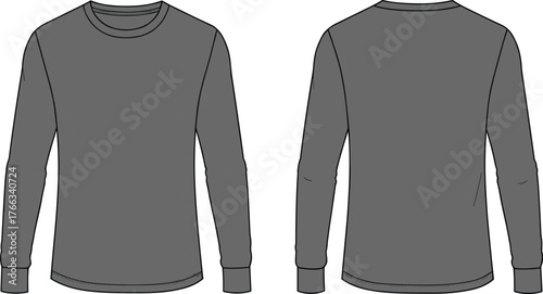Long sleeve crew neck shirt front and back view, dark gray, fitted cuffs, plain apparel flat sketch, fashion design template illustration