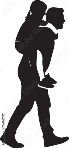 Silhouette of man carrying child on shoulders piggyback