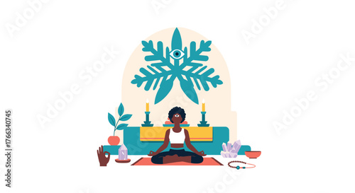 Woman meditating in lotus position with candles, crystals, and spiritual symbols, promoting mindfulness and inner peace, ideal for wellness content