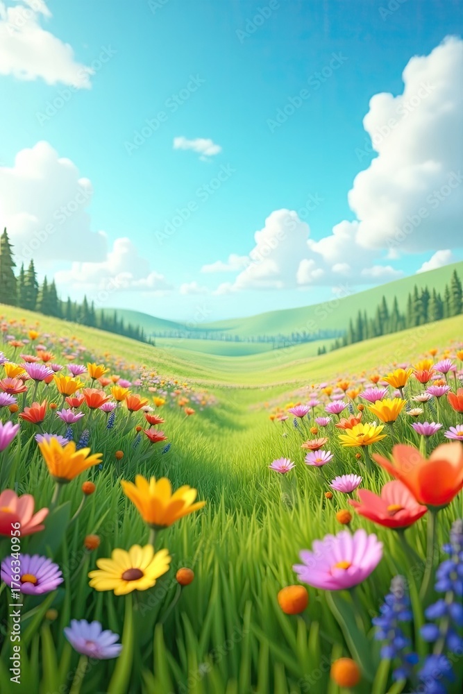 Obraz premium Majestic meadow scene featuring vibrant wildflowers in full bloom with varied colorful petals, lush green grass and rolling hills stretching toward the horizon under a bright blue sky with fluffy...