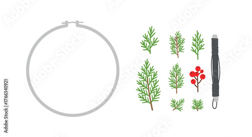 Craft your own festive holiday decor with a clean embroidery hoop, green pine branches, and vibrant red berries, plus a spool of dark thread for creative projects