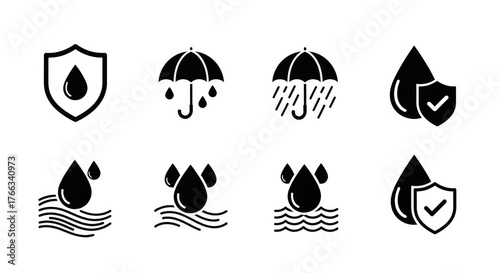 Set of black and white waterproof and water resistant icons with drops and shields