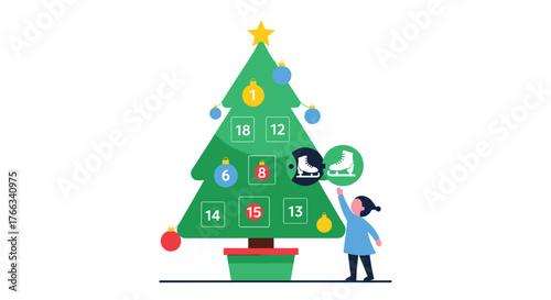 Excited child reaching for ice skates on festive Christmas advent tree filled with numbered surprises and holiday cheer, celebrating winter countdown.