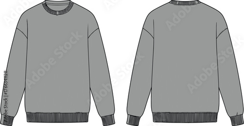 Long sleeve crew neck sweatshirt front and back view, ribbed cuffs and hem, fashion flat sketch, apparel design template, clothing illustration