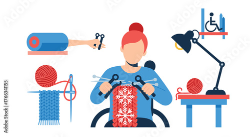 Crafty individual knitting a holiday snowflake design in cozy home crafting space, celebrating accessible creativity and the joy of handmade gifts for loved ones this winter season